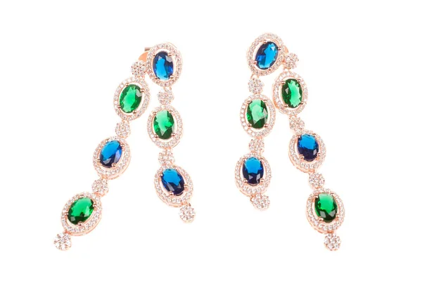 Pair Diamond Earrings Blue Green Diamonds Fashion Jewelry Isolated White — Stock Photo, Image