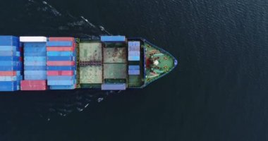 Large container ship at sea - Top down view.  Aerial top view of cargo container ship vessel import export container sailing.