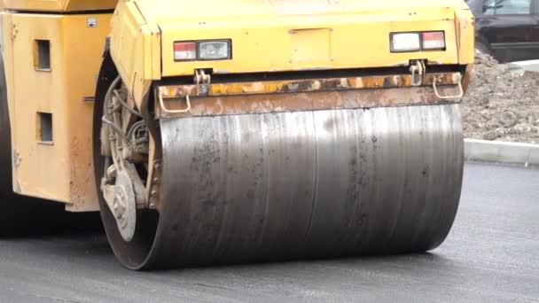 Close Heavy Vibration Roller Compactor Asphalt Pavement Works Road Repairing — Stock Video