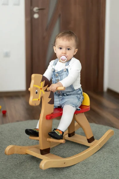 Portrait Baby Girl Playing Wooden Rocking Horse Childhood Game Home — Stock Photo, Image