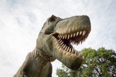 Tyrannosaurus Rex gerçekçi bir model. Ağzını açıp dinozora yaklaş.