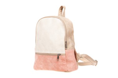 Beyaz, pembe, modern bir çanta, sırt çantası. Beyazda izole edilmiş. Moda çantası..