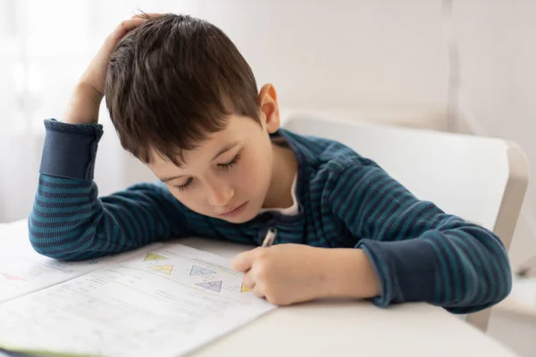 Ritratto Ragazzo Alle Prese Con Compiti Casa Concetto Educazione Familiare — Foto Stock