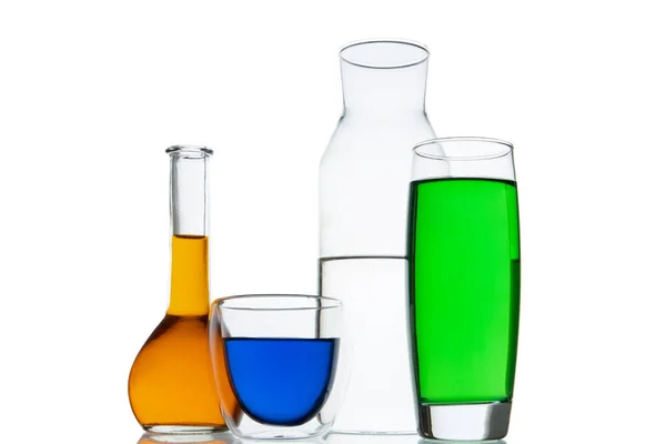 Different Types Glasses Different Drinks Colors Isolated White — Stock Photo, Image