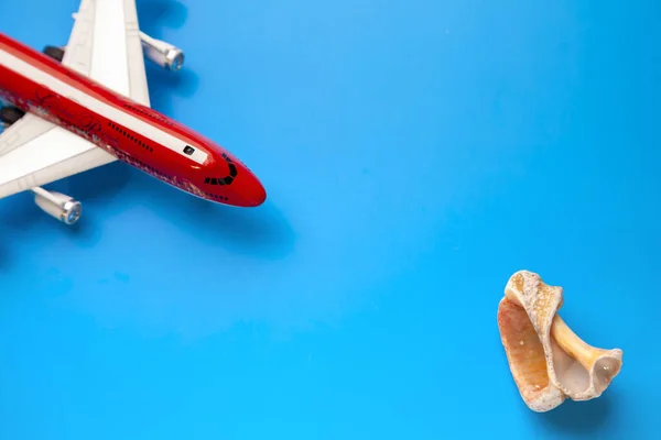 Tempo para ir de férias, avião e concha — Fotografia de Stock