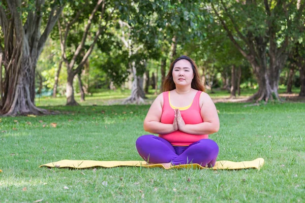 Yoga mat park yaparken güzel şişman kadın.