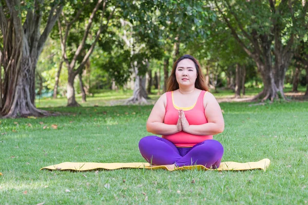 Yoga mat park yaparken güzel şişman kadın.