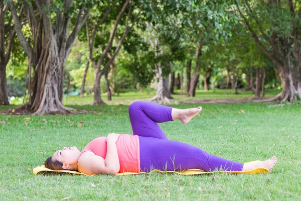 Bella Donna Grassa Che Yoga Sul Tappeto Nel Parco — Foto Stock