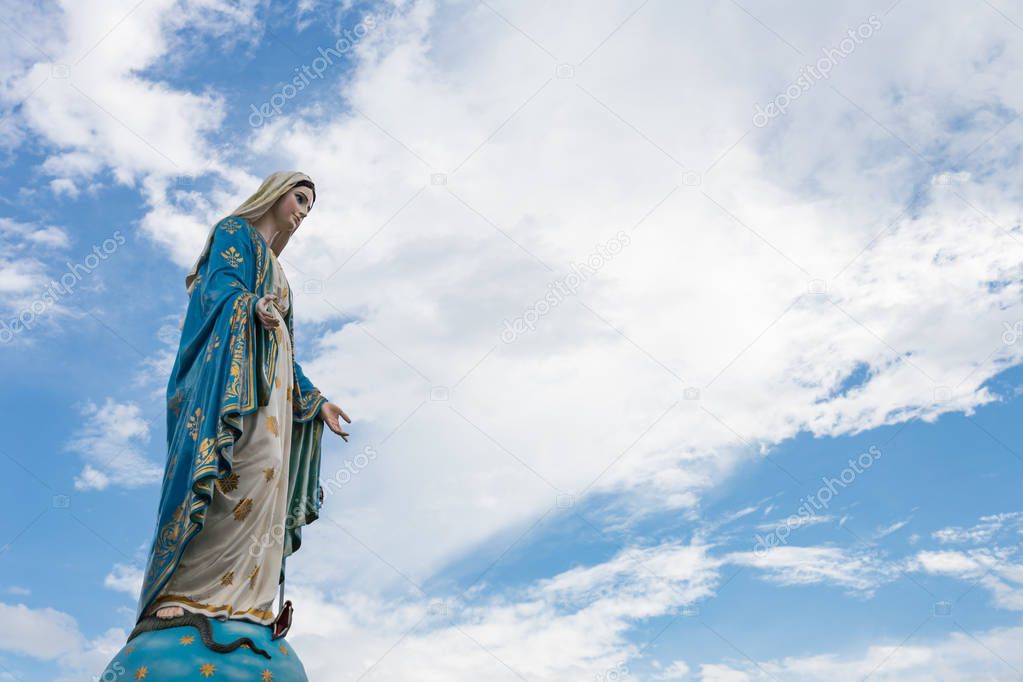 The Blessed Virgin Mary on blue sky.