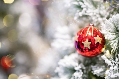 Kırmızı noel balosu Noel ağacında asılı.