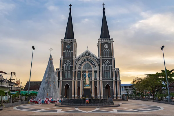 The Blessed Virgin Mary,mother of Jesus on the blue sky, in front of the Roman Catholic Diocese, public place in Chanthaburi, Thailand.