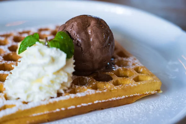 ホワイトプレートのワッフルにチョコアイスソフトクリームチーズ ロイヤリティフリーのストック写真