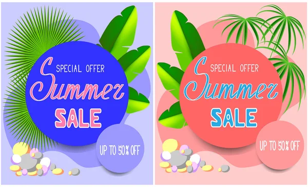 两个夏季销售横幅模板 高达50 蓝色和粉色 带棕榈叶的夏季热带背景 社交媒体横幅 海报的矢量图解设计 — 图库矢量图片#