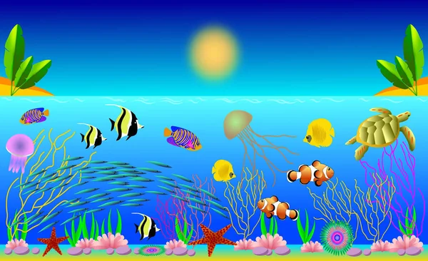 Wektorowa Ilustracja Tropikalnych Ryb Pięknym Podwodnym Światem Morza Oceanu Meduzy — Wektor stockowy