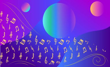 Kozmos, mavi menekşeli arka planda üç renkli gezegeni olan bir evren. Uzayın arka planında bir sürü altın banknot ve müzik işareti var. Evreni birleştiren müzik. Vektör illüstrasyonu.