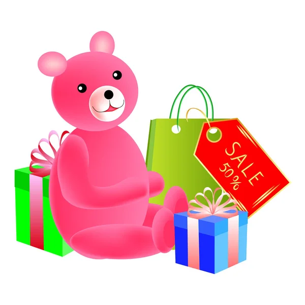 Набор Подарков Праздники Игрушечный Розовый Медведь Две Красочные Подарочные Коробки — стоковый вектор