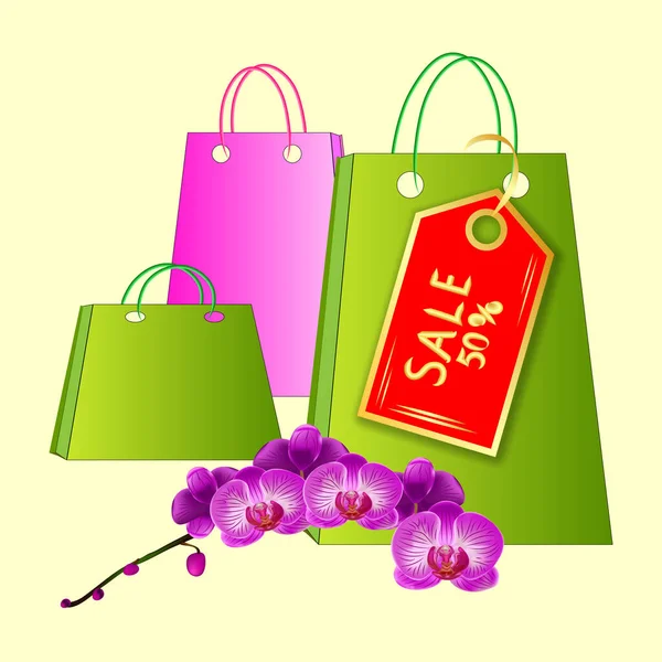 Зеленые Розовые Пакеты Магазина Фиолетовая Орхидея Красный Этикетка Надписью Продажи — стоковый вектор