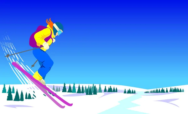 Женщина Лыжник Дикой Природе Прыжок Высоты Фоне Снежного Елового Леса — стоковый вектор