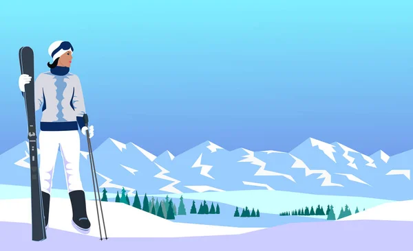 Uma Mulher Terno Esqui Branco Azul Com Esquis Suas Mãos — Vetor de Stock