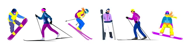 Orang Masuk Untuk Olahraga Musim Dingin Pria Dan Wanita Ski - Stok Vektor