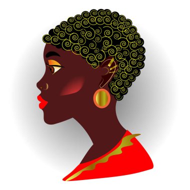 Beyaz bir arka planda, koyu tenli bir kadının portresi. İzole edilmiş, vektör illüstrasyonu.
