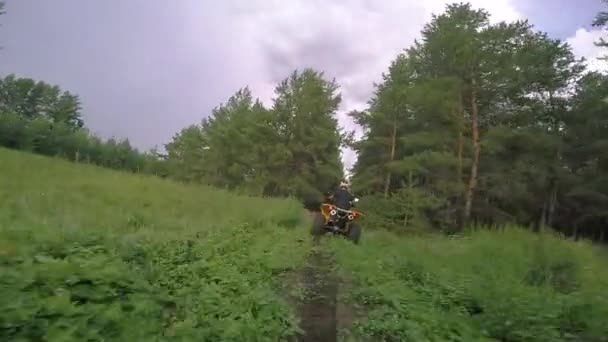 Två män på en fyrhjuling och cross cykel gå genom skogen. — Stockvideo