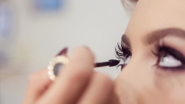 Maquillaje artista haciendo maquillaje de ojos profesional de mujer joven — Vídeo de stock