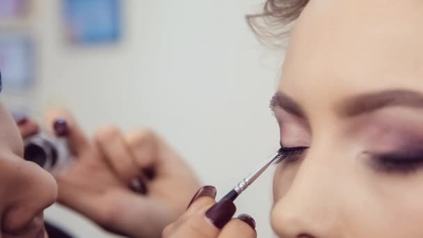 Maquillaje artista haciendo maquillaje de ojos profesional de mujer joven — Vídeos de Stock