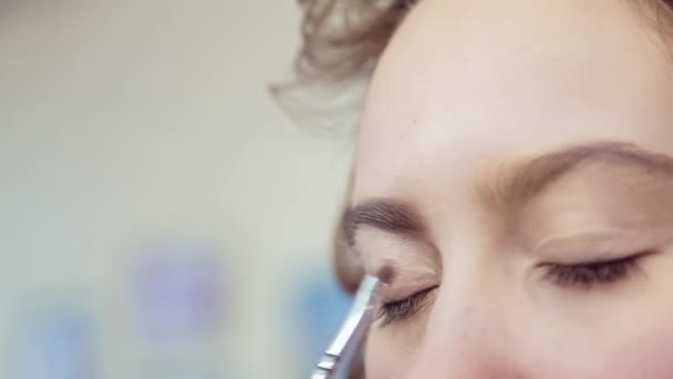 Make-up artiest doen professionele oog make-up van jonge vrouw — Stockvideo