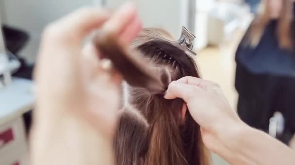 Peluquero hace peinado profesional de mujer joven en estudio de belleza — Vídeos de Stock