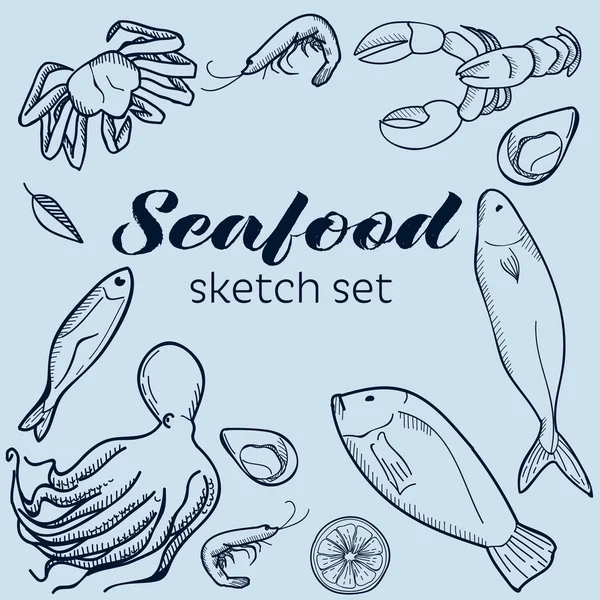 Juego de bocetos vectoriales de mariscos. Elementos de diseño dibujado a mano . — Vector de stock