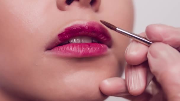 Professionell make-up artist gör läppar makeup av modell. Skönhet och mode koncept. Närbild. — Stockvideo