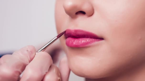 Professionelle Make-up-Artist macht Lippen Make-up des Modells. Schönheits- und Modekonzept. Nahaufnahme. — Stockvideo