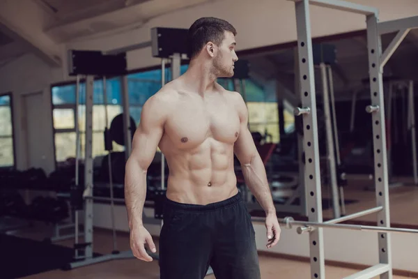 Sexy gespierde man in de sportschool uit te werken. Sterke mannelijke naakte torso. — Stockfoto