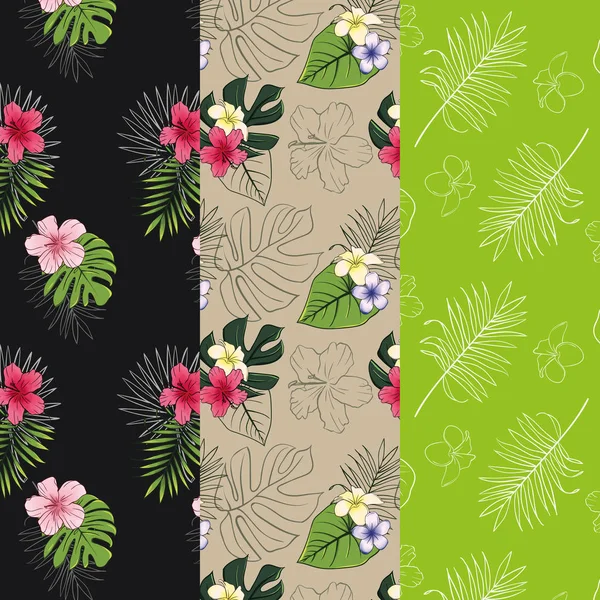 Set med 3 sömlösa mönster med tropiskt mönster. Mönster med tropiska växter. — Stock vektor