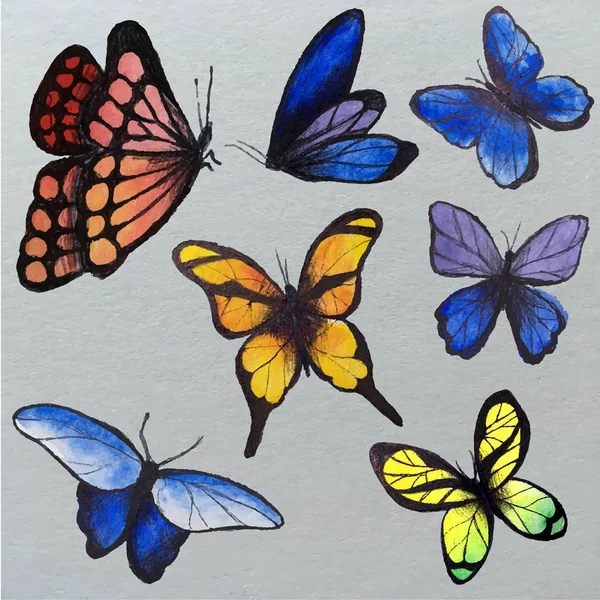 Conjunto de mariposas acuarela, ilustración vectorial. Colección de mariposas de dibujo a mano . — Vector de stock