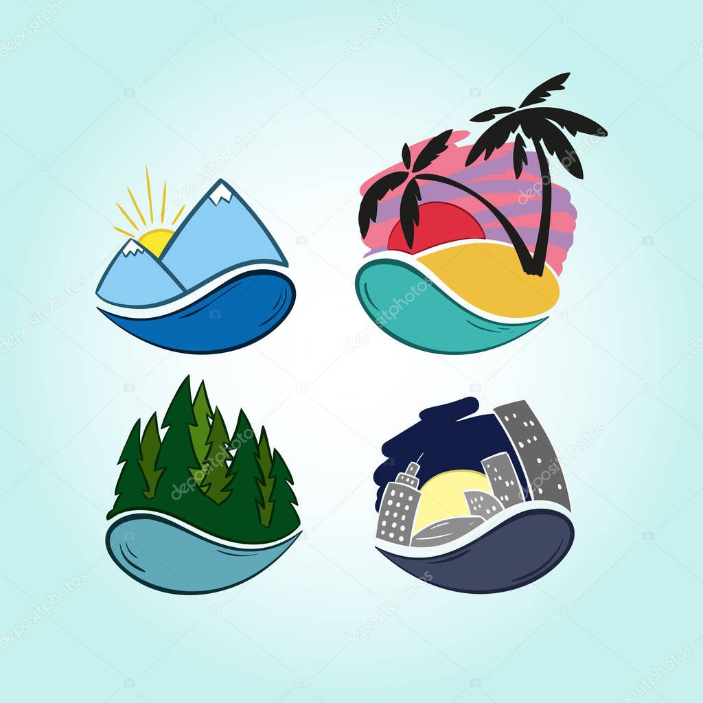 Hand drawn travel icons. Mountains, tropics, forest, city.