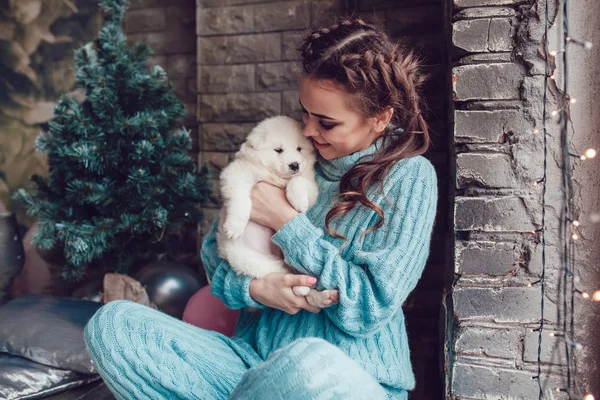 Attractive girl sits at home with cute puppy on hands. Christmas. — Stock Photo, Image