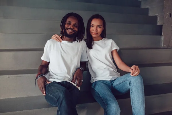 Download Beautiful African American couple in white t-shirts. Mock ...