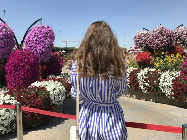 Çiçeklere bakarak bir kız arkadan görünüm. — Stok fotoğraf