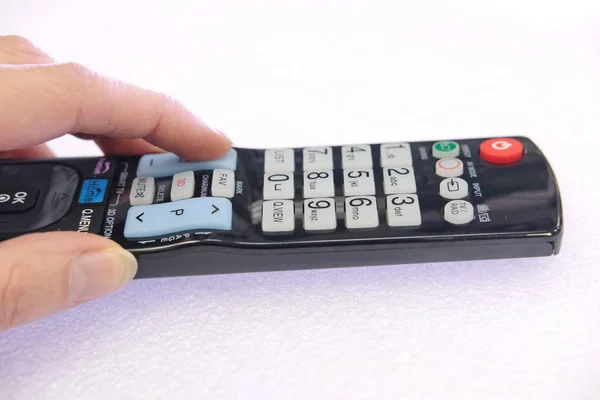 Person Hand Presses Control Buttons Black Remote Leisure Finger Change Стоковая Картинка