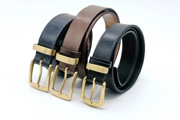 Sample Several Colors Black Brown Leather Men Belt Metal Shiny — Stock Photo, Image