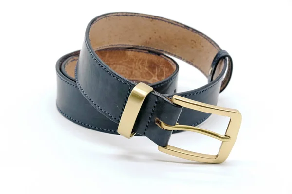 Sample Classic Leather Men Belt Metal Shiny Buckle Handmade Black — Stock Photo, Image