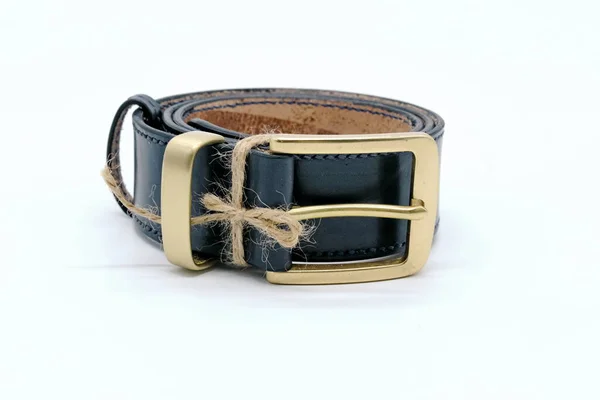 Sample Classic Leather Men Belt Metal Shiny Buckle Handmade Black — Stock Photo, Image