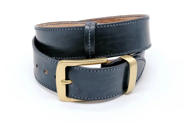 Sample Classic Leather Men Belt Metal Shiny Buckle Handmade Black — Stock Photo, Image