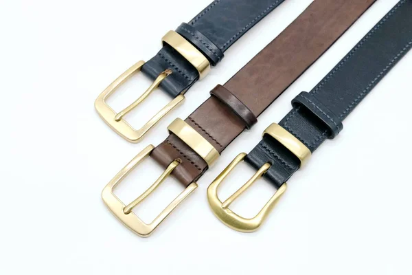 Sample Several Colors Black Brown Leather Men Belt Metal Shiny — Stock Photo, Image