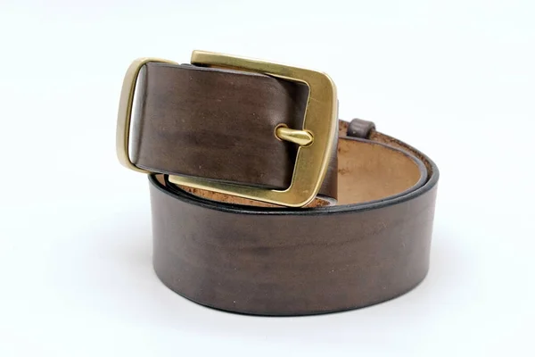 Sample Classic Leather Men Belt Metal Shiny Buckle Handmade Black — Stock Photo, Image