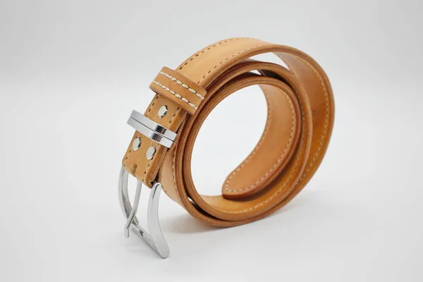 Sample Brown Leather Men Belt Metal Shiny Handmade Buckle Stitched — Stock Photo, Image