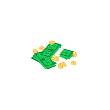 Isometric para yığını. Beyaz arka planda izole edilmiş yeşil banknotlar ve altın paraların vektör çizimi. Yatırım ve tasarruf kavramı için düz para birimi