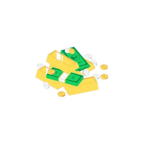 Изометрическая Куча Денег Векторная Иллюстрация Стека Зеленых Банкнот Золотых Серебряных — стоковый вектор